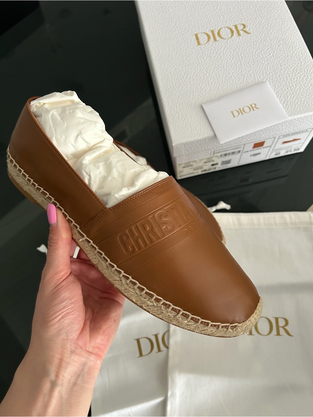 Dior Men’s Tan Leather Espadrilles with Embossed CHRISTIAN Logo - Picture 4 of 7